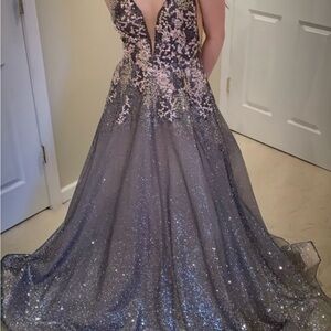 Silver Gray Embellished Tiered Prom Gown